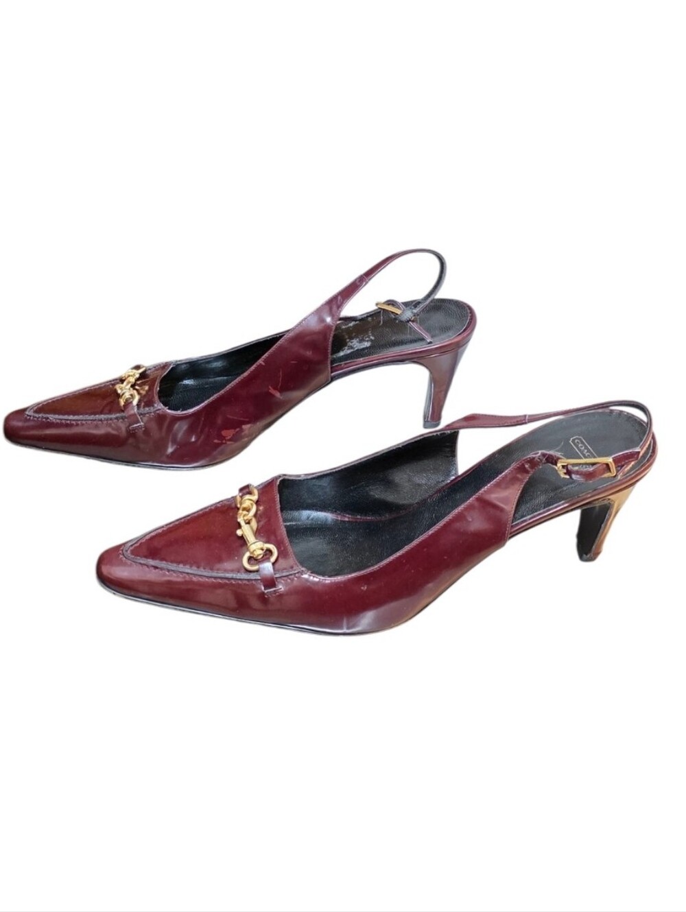 Coach Burgundy Pointed Slingback Pumps with Gold Chain